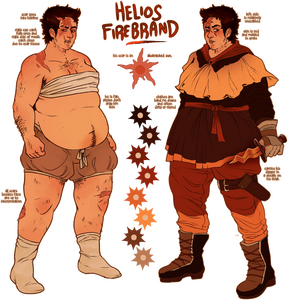 an asymmetric, humanoid ref sheet. this is an example of the outfit variations option.